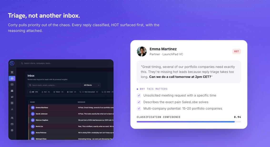 SalesLobe: AI reply triage inbox with classification confidence and reasoning